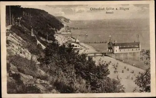 Ak Ostseebad Sellin auf Rügen, Blick auf den Strand, Seebrücke