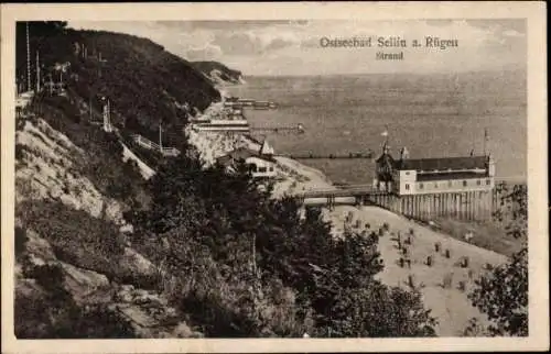 Ak Ostseebad Sellin auf Rügen, Blick auf den Strand, Seebrücke