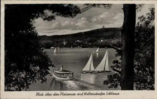 Ak Woltersdorf bei Berlin, Woltersdorfer Schleuse, Flakensee, Boote, Aussichtsturm