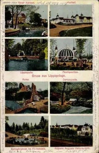 Ak Bad Lippspringe in Westfalen, Lippequelle, Musikpavillon, Ruine, Jordanquelle, Springbrunnen