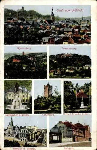 Ak Bielefeld, Sparrenburg, Johannisberg, Leineweberbrunnen, Hünenburg, Rathaus, Theater, Bahnhof