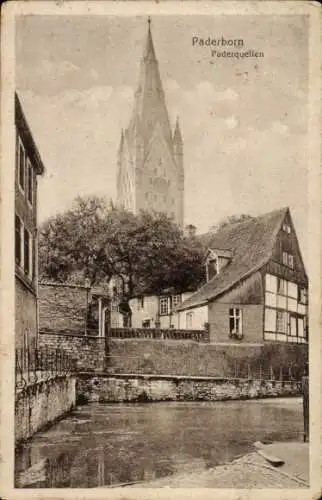 Ak Paderborn in Nordrhein Westfalen, Paderquellen, Teilansicht der Stadt mit Blick zur Kirche