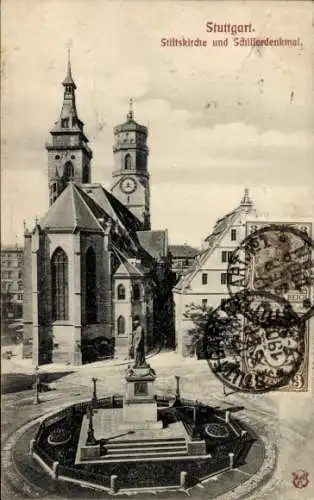 Ak Stuttgart in Württemberg, Stiftskirche und Schillerdenkmal, Straßenpartie