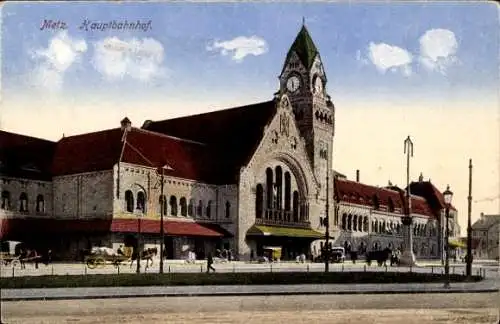 Ak Metz Moselle, Blick auf den Hauptbahnhof, Straßenseite, Pferdefuhrwerke