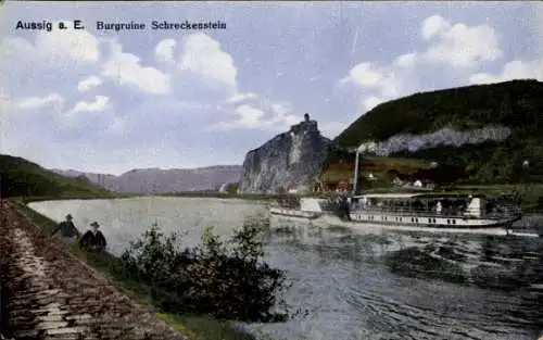 Ak Ústí nad Labem Aussig Elbe Stadt, Burgruine Schreckenstein, Elbdampfer