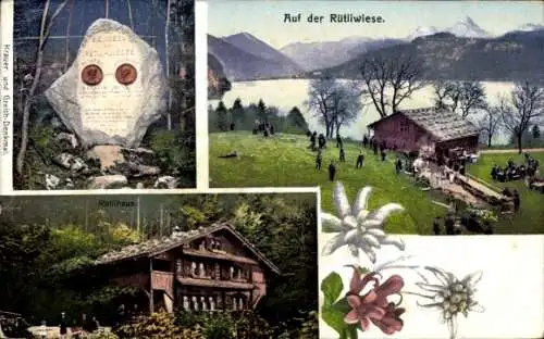 Ak Rütli Seelisberg Kanton Uri, Auf der Rütliwiese, Krauer- u. Greith Denkmal, Rütlihaus