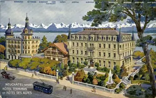 Ak Neuchâtel Neuenburg Stadt, Hotel Terminus, Hotel des Alpes, Straßenbahn