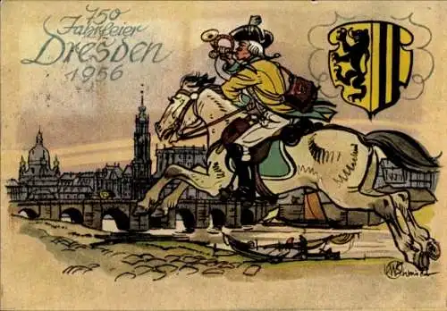 Ak 750 Jahrfeier Dresden 1956, Reiter mit Stadtwappen, Sachsenschau, Briefmarkenausstellung