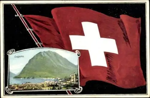 Ak Lugano Kanton Tessin Schweiz, Panorama, Landesflagge