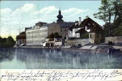 Ak České Budějovice Budweis Südböhmen, Quai, Deutsches Gymnasium, Kloster