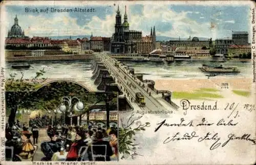 Litho Dresden, Die Altstadt, Augustusbrücke, Markise im Wiener Garten