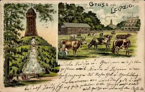 Litho Leipzig, Alpenhütte im Rosenthal, Scherbelberg, Kaiserpark, Kühe, Reh, Bruno Bürger 393