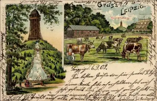 Litho Leipzig, Alpenhütte im Rosenthal, Scherbelberg, Kaiserpark, Kühe, Reh, Bruno Bürger 393