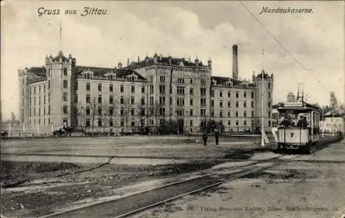 Ak Zittau in Sachsen, Mandau Kaserne, Straßenbahn