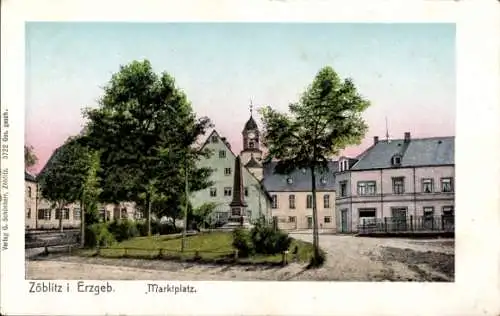 Leuchtfenster Ak Zöblitz Marienberg im Erzgebirge, Marktplatz mit Kirchturm