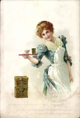 Litho Werbung, Petsch's-Äpfeltee, Frau mit Tasse