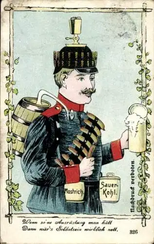 Litho Soldat mit praktischer Ausrüstung, Bierhumpen, Sauerkohl, Mostrich, Zigarren