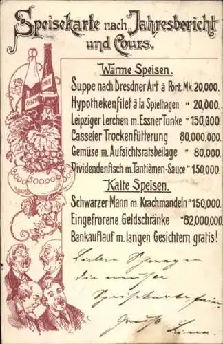 Litho Speisekarte nach Jahresbericht und Cours, Hypothekenfilet, Tantiemen-Sauce