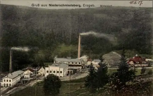 Ak Niederschmiedeberg Großrückerswald im Erzgebirge, Fabriken im Mitteldorf