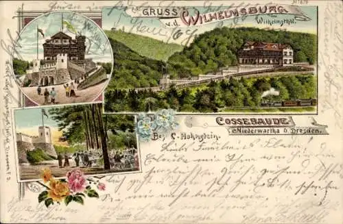 Litho Dresden West Cossebaude Niederwartha, Hotel Wilhelmsburg im Wilhelmsthal