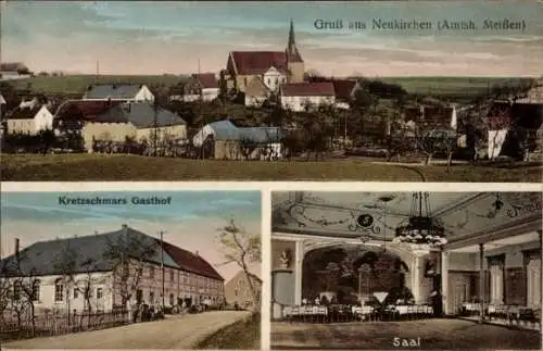 Ak Neukirchen Reinsberg im Kreis Mittelsachsen, Blick auf den Ort, Gasthof, Saal