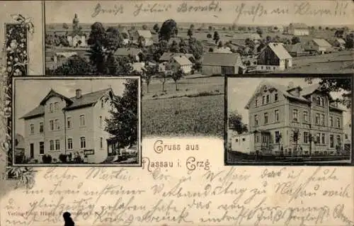 Ak Nassau im Erzgebirge Frauenstein, Schuhwaren Pischer, Mehrfamilienhaus, Panorama
