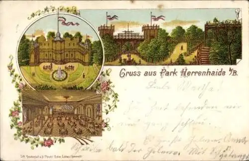 Litho Herrenhaide Burgstädt in Sachsen, Postkarte, Park  Brunnen, Tanzveranstaltung, historische ...