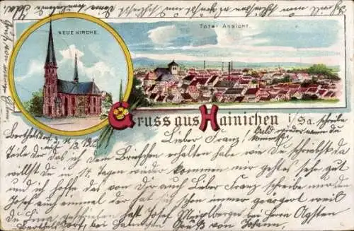 Litho Hainichen in Sachsen, Gesamtansicht, Neue Kirche