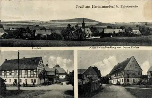 Ak Hartmannsdorf Reichenau im Erzgebirge, Gruß aus Hartmannsdorf, Gasthof, Materialwarenhandlu...