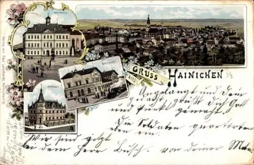 Litho Hainichen in Sachsen, Stadtansicht, Rathaus, Bahnhof, Postkartenmotiv, Blumenverzierung