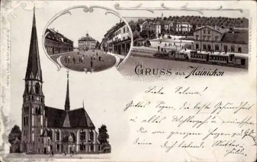 Litho Hainichen in Sachsen, Vorderansicht mit Kirche, Stadtansicht, Postkartenmotiv, Gründerzeita...