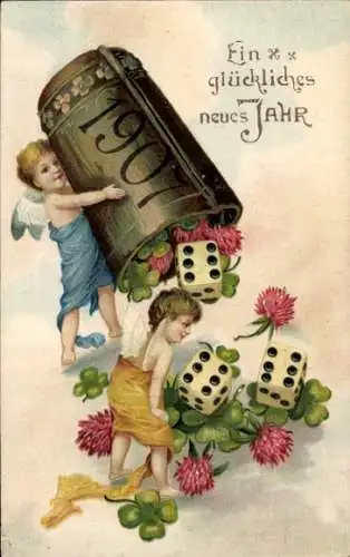Ak Glückwunsch Neujahr, Kleeblatt, Engel, Spielwürfel