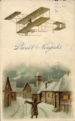 Präge Ak Glückwunsch Neujahr, Dorfidyll, Doppeldecker