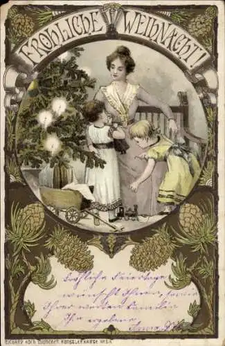 Litho Frohe Weihnachten, Tannenbaum, Frau, Kinder
