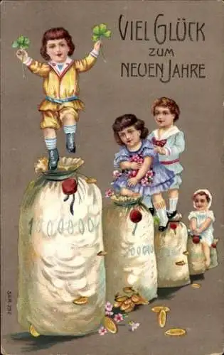 Präge Ak Glückwunsch Neujahr, Kleeblatt, Kinder, Geldsäcke