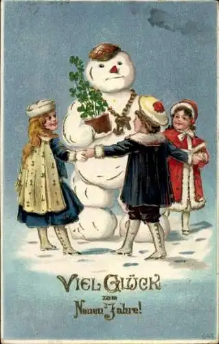 Präge Ak Glückwunsch Neujahr, Kleeblatt, Kinder, Schneemann