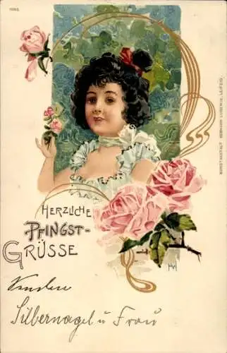 Litho Glückwunsch Pfingsten, Mädchen , Rosen