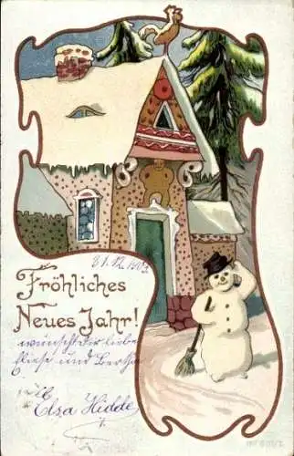 Litho Glückwunsch Neujahr, Schneemann, Haus