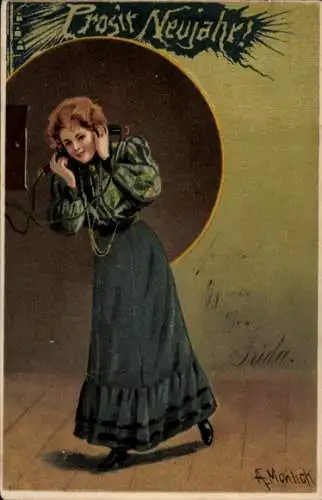 Künstler Ak Mailick, Glückwunsch Neujahr, junge Frau beim Telefonieren