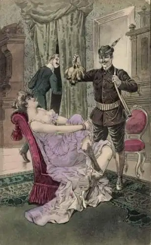 Künstler Ak Frau im Unterkleid auf einem Sessel, Jäger in Tracht