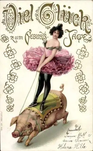 Ak Glückwunsch Geburtstag, Zirkus, Frau reitet auf einem Schwein