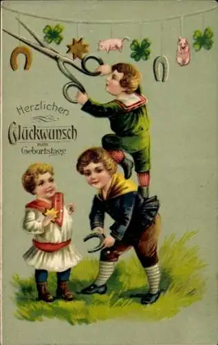 Präge Ak Glückwunsch Geburtstag, Kinder, Klee, Hufeisen