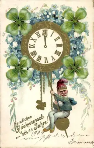 Ak Glückwunsch Neujahr, Kleeblatt, Zwerg, Uhr