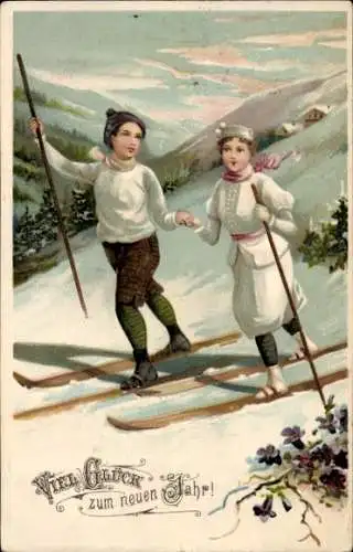Präge Litho Glückwunsch Neujahr, Skifahrer, Winterlandschaft