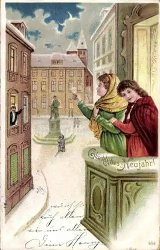 Ak Glückwunsch Neujahr, Ortsidyll, Frauen auf Balkon
