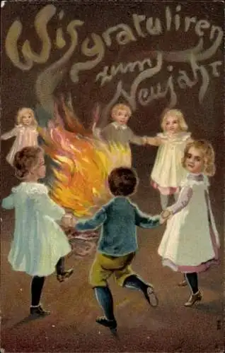 Ak Glückwunsch Neujahr, tanzende Kinder, Lagerfeuer