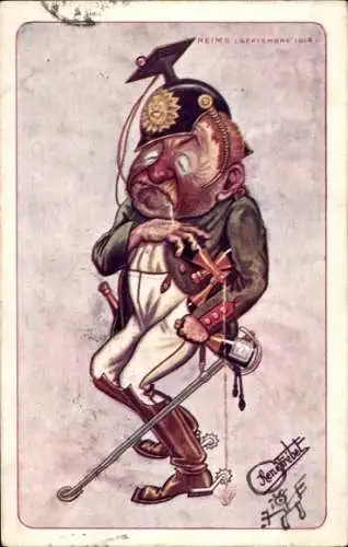 Künstler Ak Frebet, Rene, Reims Marne 1914, Karikatur von einem deutschen Soldat