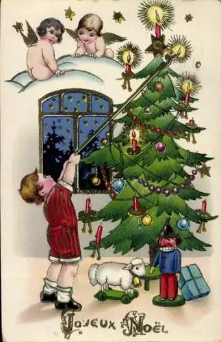 Glitzer Ak Frohe Weihnachten, Tannenbaum, Kind, Engel