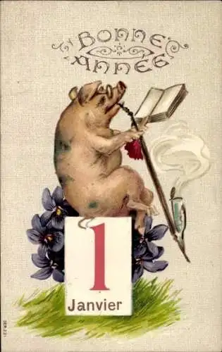 Präge Ak Glückwunsch Neujahr, Rauchendes Schwein, Kalender