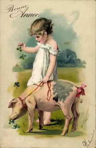 Präge Ak Glückwunsch Neujahr, Mädchen, Schwein, Glücksklee